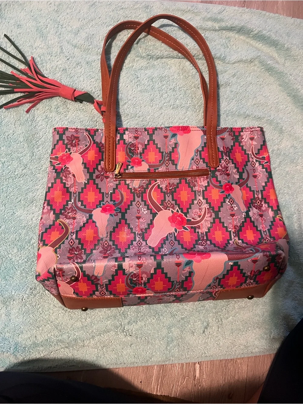 Pink Patterned Tote with Brown Leather Trim and Tassel